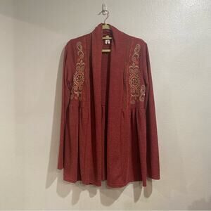 Roper Dust Red Embroidered Open Front Cardigan Sz M
